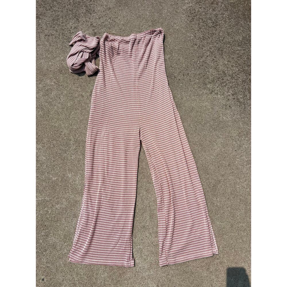 Endless Blu Plaid Jumpsuit S Wide Leg Tie Waist Boho Casual Summer Brunch Outfit